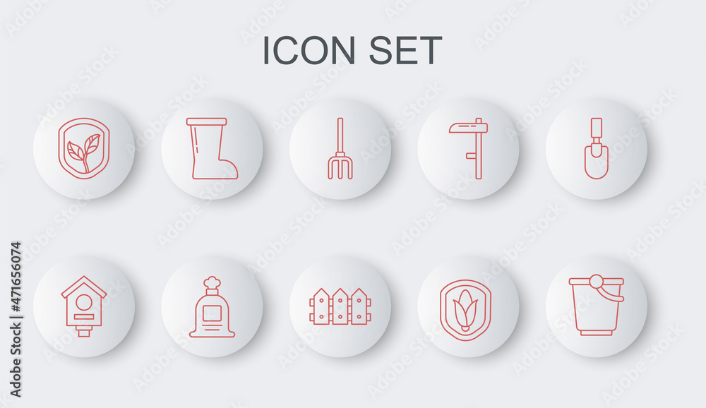 Set line Bucket, Bird house, Garden pitchfork, Shield corn, with leaf, Waterproof rubber boot, Full sack and fence wooden icon. Vector Set line Bucket, Bird house, Garden pitchfork, Shield corn, with leaf, Waterproof rubber boot, Full sack and fence wooden icon. Vector