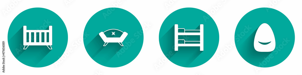 Set Baby crib cradle bed, Sofa, Bunk and Pouf icon with long shadow. Vector Set Baby crib cradle bed, Sofa, Bunk and Pouf icon with long shadow. Vector