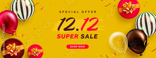 1212 mega sale horizontal banner with realistic balloons and gift box on yellow background. Vector illustration