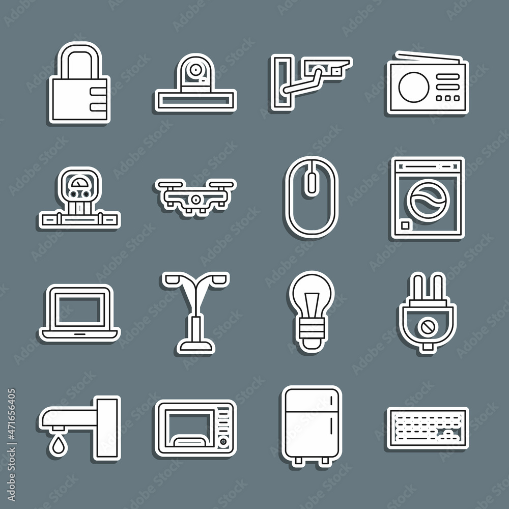 Set line Keyboard, Electric plug, Washer, Security camera, Drone flying, Smart sensor, Safe combination lock and Computer mouse icon. Vector Set line Keyboard, Electric plug, Washer, Security camera, Drone flying, Smart sensor, Safe combination lock and Computer mouse icon. Vector