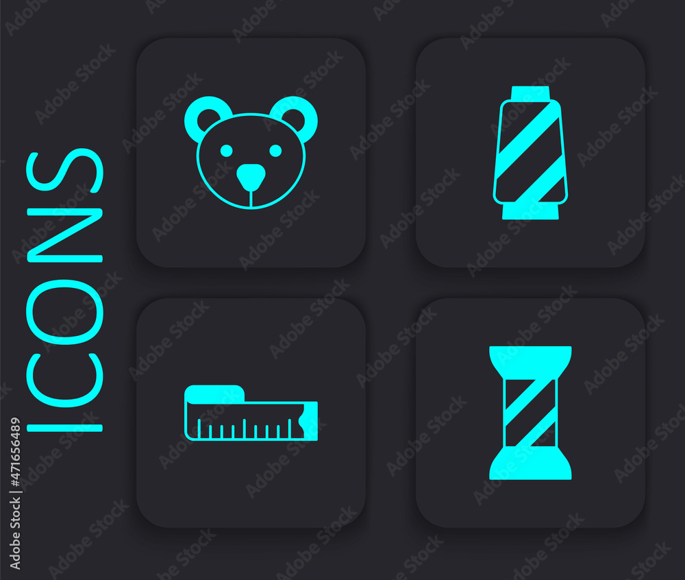 Set Sewing thread on spool, Teddy bear plush toy, and Tape measure icon. Black square button. Vector Set Sewing thread on spool, Teddy bear plush toy, and Tape measure icon. Black square button. Vector