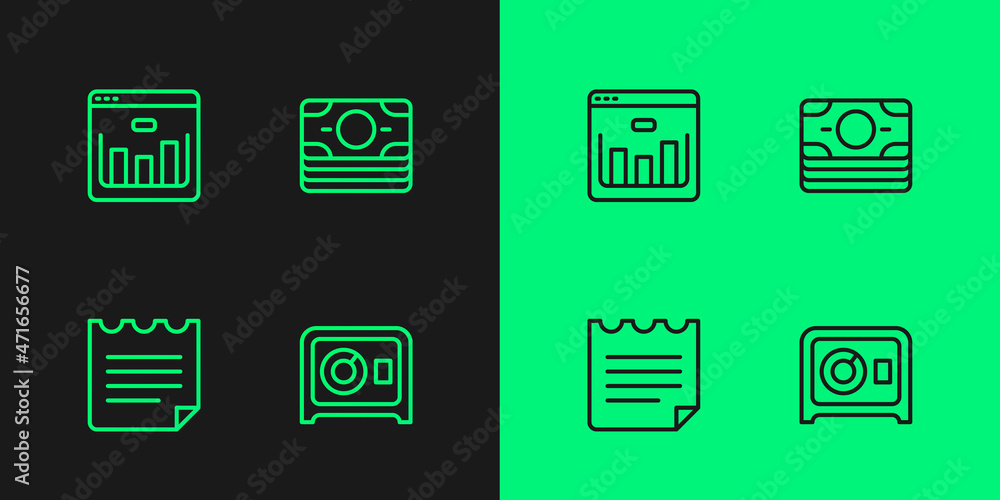Set line Safe, Notebook, Browser with stocks market and Stacks paper money cash icon. Vector Set line Safe, Notebook, Browser with stocks market and Stacks paper money cash icon. Vector