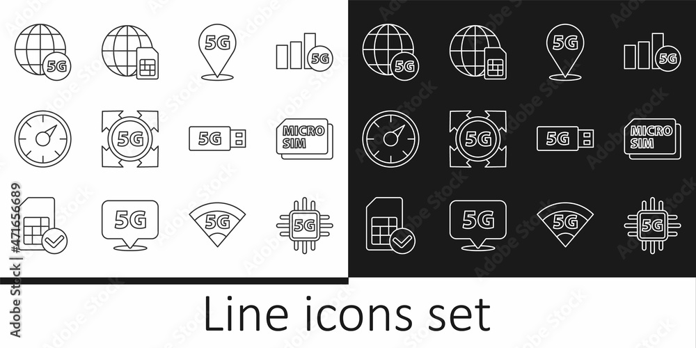 Set line Processor 5G, Micro Sim Card, Location network, Digital speed meter, modem and Globe icon. Vector Set line Processor 5G, Micro Sim Card, Location network, Digital speed meter, modem and Globe icon. Vector