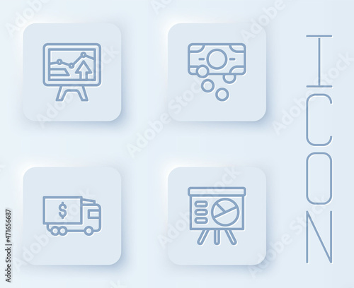 Set line Monitor with graph chart, Stacks paper money cash, Armored truck and Board. White square button. Vector