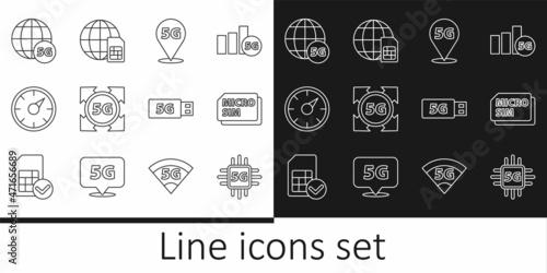 Set line Processor 5G, Micro Sim Card, Location network, Digital speed meter, modem and Globe icon. Vector