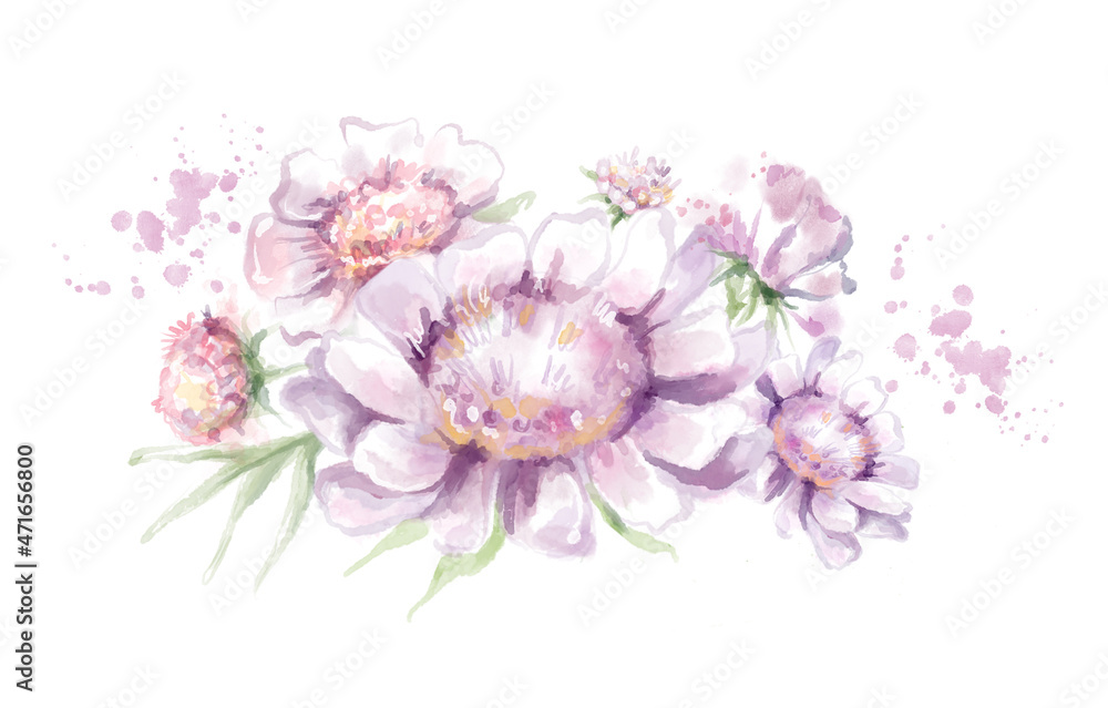 Watercolor pink flowers stylization Illustration, Business card, Postcard, Copy space, Isolated on white