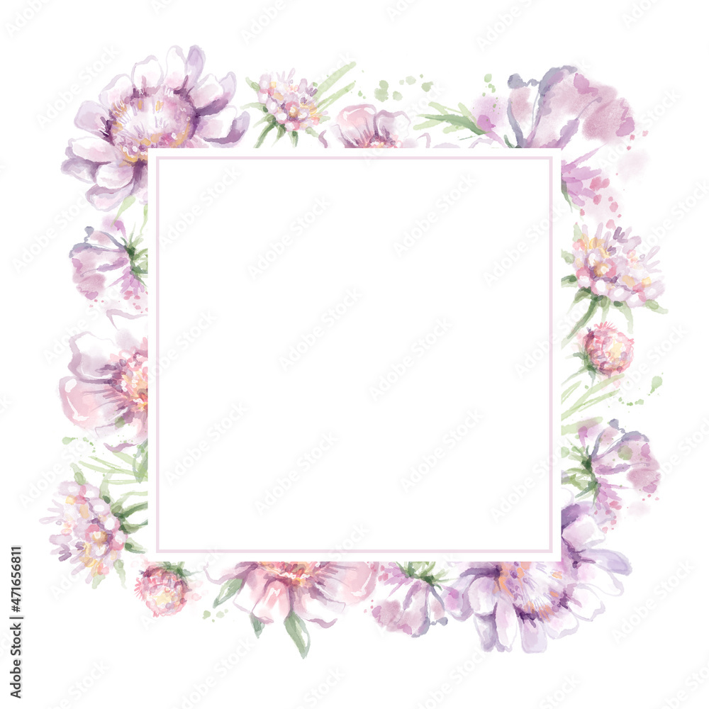 Watercolor pink flowers stylization Illustration, Business card, Postcard, Copy space, Isolated on white