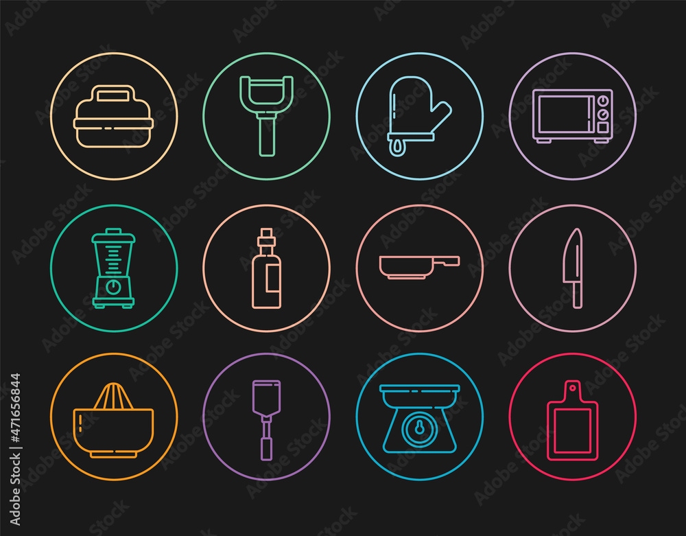 Set line Cutting board, Knife, Oven glove, Bottle of olive oil, Blender, Cooking pot, Frying pan and Peeler icon. Vector Set line Cutting board, Knife, Oven glove, Bottle of olive oil, Blender, Cooking pot, Frying pan and Peeler icon. Vector
