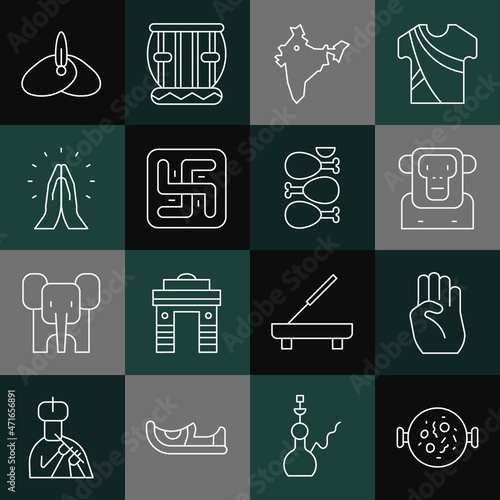 Set line Chicken tikka masala, Indian symbol hand, Monkey, map, Hindu swastika, Hands praying position, headgear turban and Tandoori chicken icon. Vector