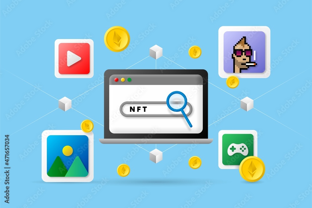 NFT (Non Fungible Token) and blockchain concept in simple 3d illustration. Blue sky background, crypto coin, art, game,music, video, photo, laptop, and blockchain background. NFT (Non Fungible Token) and blockchain concept in simple 3d illustration. Blue sky background, crypto coin, art, game,music, video, photo, laptop, and blockchain background.