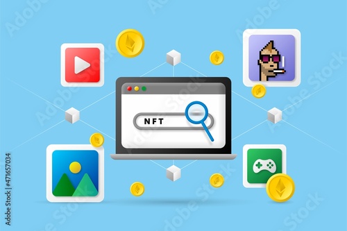 NFT (Non Fungible Token) and blockchain concept in simple 3d illustration. Blue sky background, crypto coin, art, game,music, video, photo, laptop, and blockchain background.