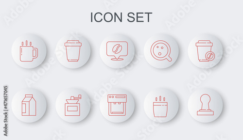 Set line Coffee tamper, Bag coffee beans, Location with, cup, to go, Manual grinder and machine icon. Vector
