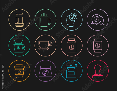 Set line Coffee tamper, Bag coffee beans, Barista, cup, Pour over maker, Aeropress, and icon. Vector