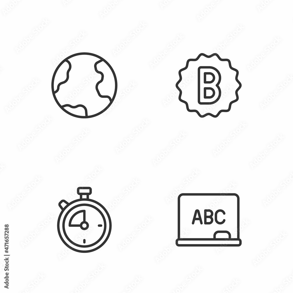 Set line Chalkboard, Stopwatch, Earth globe and Exam paper with incorrect answers icon. Vector Set line Chalkboard, Stopwatch, Earth globe and Exam paper with incorrect answers icon. Vector