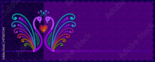Decorative peacock graphics on a purple background.