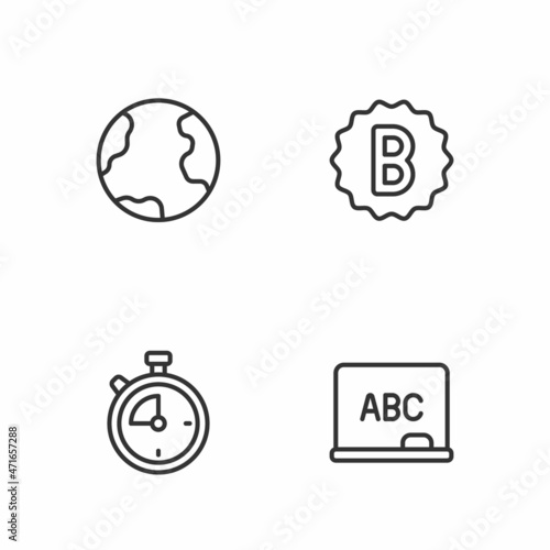 Set line Chalkboard, Stopwatch, Earth globe and Exam paper with incorrect answers icon. Vector