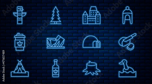 Set line Flying duck, Peameal bacon, Chateau Frontenac hotel, Royal Ontario museum, Coffee cup to go, Canadian totem pole, Igloo ice house and spruce icon. Vector