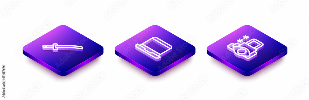 Set Isometric line Katana, Laptop and Cyber security icon. Vector Set Isometric line Katana, Laptop and Cyber security icon. Vector