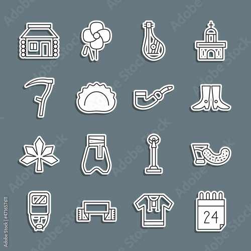 Set line Independence day of Ukraine, Glass with vodka, Ukrainian footwear, Bandura, Dumplings, Scythe, house and Smoking pipe icon. Vector