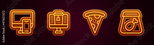 Set line Online ordering food, Slice of pizza and meal. Glowing neon icon. Vector
