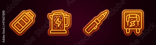 Set line Battery charge, Electric kettle, Soldering iron and Electrical panel. Glowing neon icon. Vector