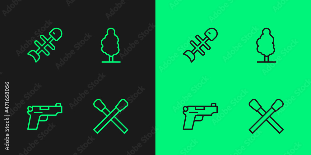 Set line Burning match with fire, Pistol or gun, Dead fish and Tree icon. Vector Set line Burning match with fire, Pistol or gun, Dead fish and Tree icon. Vector