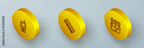 Set Isometric line Walkie talkie, Hunting cartridge belt and Quiver with arrows icon. Vector