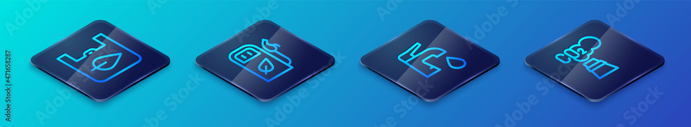Set Isometric line Water tap, Shopping bag with recycle, CO2 emissions cloud and Petrol or gas station icon. Vector Set Isometric line Water tap, Shopping bag with recycle, CO2 emissions cloud and Petrol or gas station icon. Vector