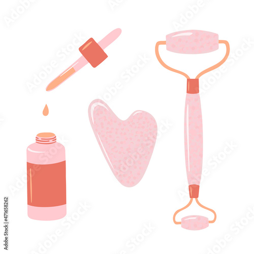 Massage beauty roller, gouache scraper, oil bottle. Facial massagers, facial treatments. Vector Illustration for printing, backgrounds, greeting cards, seasonal design. Isolated on white background.