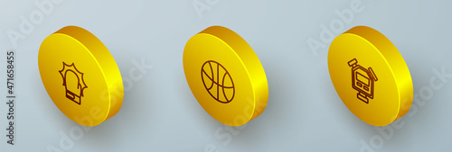 Set Isometric line Punch in boxing gloves, Basketball ball and Stopwatch icon. Vector