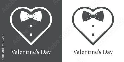 Logotipo texto Valentine's Day con corbata de lazo en corazón con líneas en fondo gris y fondo blanco