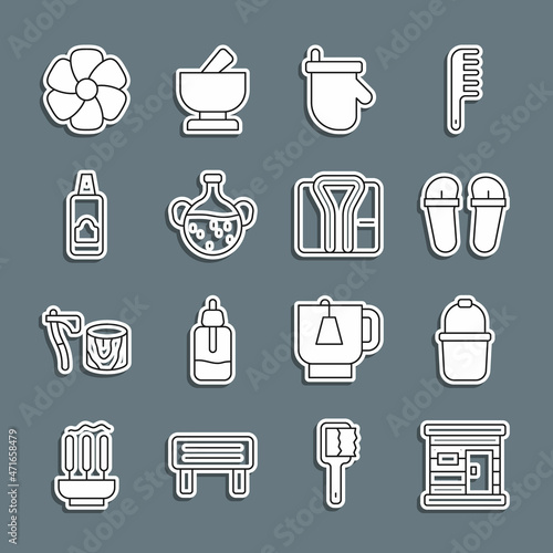 Set line Sauna wooden bathhouse, bucket, Flip flops, mittens, Essential oil bottle, Spray can for hairspray, Flower and Bathrobe icon. Vector