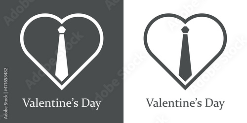 Logotipo texto Valentine's Day con corbata en corazón con líneas en fondo gris y fondo blanco