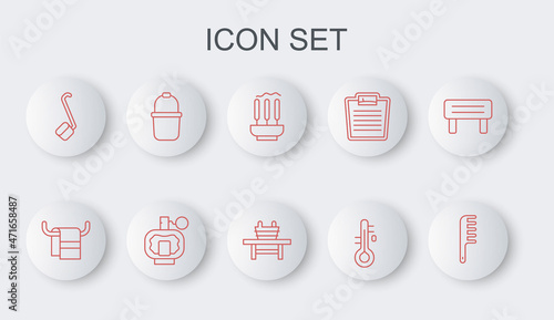 Set line Hairbrush, Towel on hanger, Incense sticks, Sauna thermometer, ladle, bucket, Aftershave and bench with icon. Vector