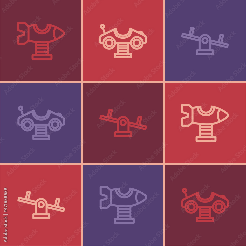 Set line Swing plane, Seesaw and car icon. Vector