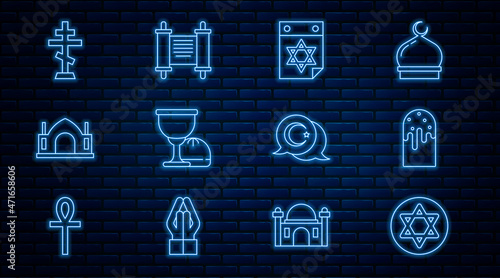 Set line Star of David, Easter cake, Jewish calendar, Holy grail or chalice, Hindu spiritual temple, Christian cross, and crescent and Decree, paper, parchment, scroll icon. Vector