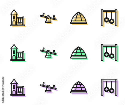 Set line Playground climbing equipment, Swing for kids, Seesaw and Gymnastic rings icon. Vector © Iryna