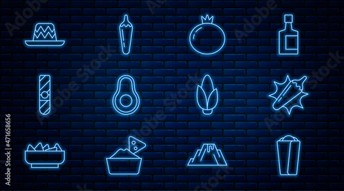 Set line Burrito, Hot chili pepper pod, Tomato, Avocado fruit, Cigar, Mexican sombrero, Corn and icon. Vector