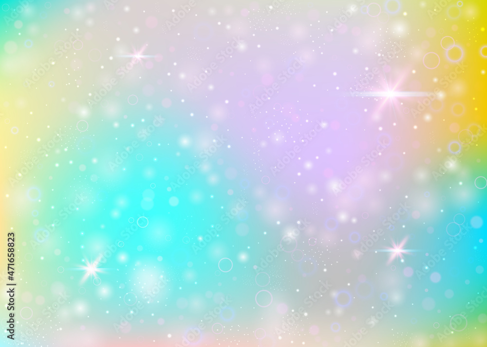 Fototapeta Magic background with rainbow mesh. Kawaii universe banner in princess colors. Fantasy gradient backdrop with hologram. Holographic magic background with fairy sparkles, stars and blurs.