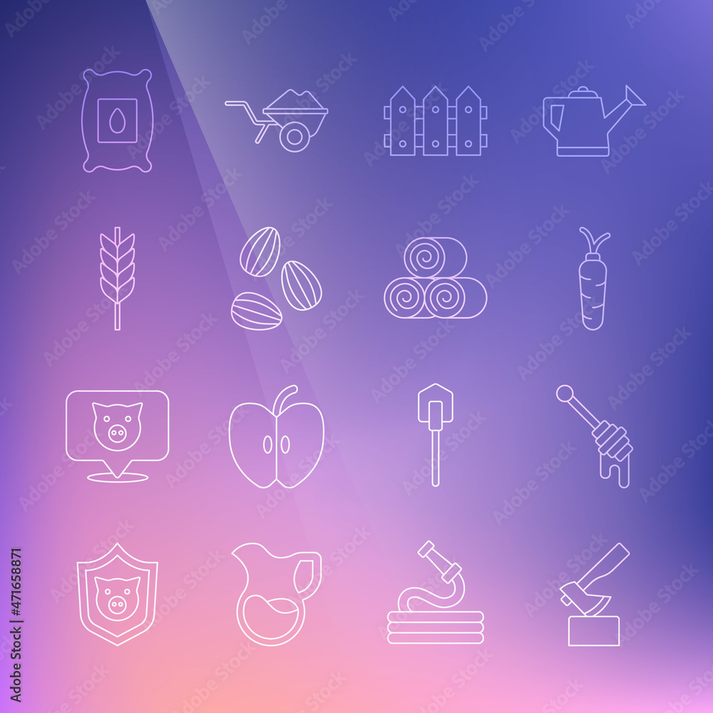 Set line Wooden axe, Honey dipper stick, Carrot, Garden fence wooden, Seeds, Wheat, Pack full of seeds of plant and Roll hay icon. Vector Set line Wooden axe, Honey dipper stick, Carrot, Garden fence wooden, Seeds, Wheat, Pack full of seeds of plant and Roll hay icon. Vector