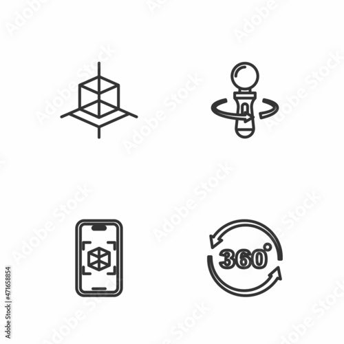 Set line 360 degree view, 3d modeling, and VR controller game icon. Vector