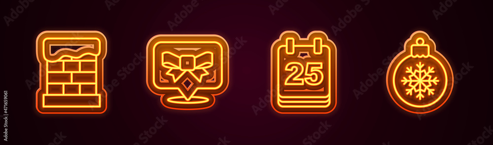 Set line Christmas chimney, Gift bow, day calendar and ball. Glowing neon icon. Vector Set line Christmas chimney, Gift bow, day calendar and ball. Glowing neon icon. Vector