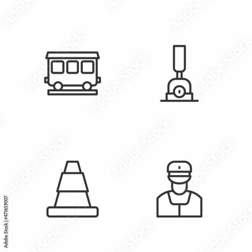 Set line Train conductor, Traffic cone, Passenger train cars and Arrow for switching the railway icon. Vector