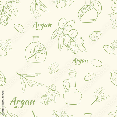 Stamless pattern of argan leaves, nuts, oil. Sketch of branch argania  with fruits. Hand-drawn illustration. Organic essential oil sketch.