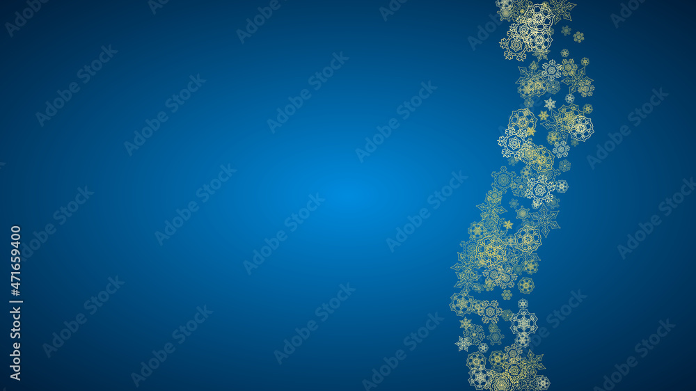New Year snow on blue background. Gold glitter snowflakes. Christmas and New Year snow falling backdrop. For season sales, special offers, banner, cards, party invite, flyer. Horizontal frosty winter. New Year snow on blue background. Gold glitter snowflakes. Christmas and New Year snow falling backdrop. For season sales, special offers, banner, cards, party invite, flyer. Horizontal frosty winter.