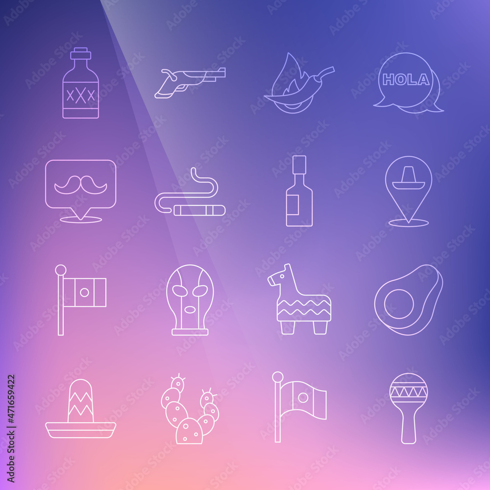 Set line Maracas, Avocado fruit, Mexican sombrero, Hot chili pepper pod, Cigar, Mustache, Tequila bottle and Tabasco sauce icon. Vector Set line Maracas, Avocado fruit, Mexican sombrero, Hot chili pepper pod, Cigar, Mustache, Tequila bottle and Tabasco sauce icon. Vector
