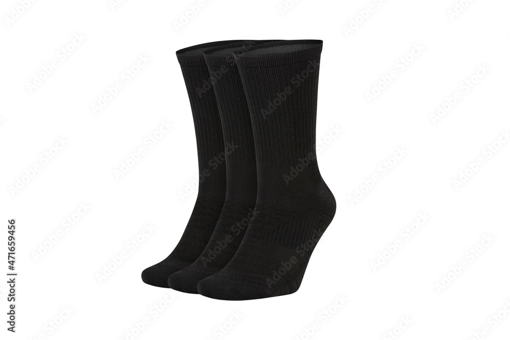 Black color socks isolated on white background. One pair of socks. Set of black socks for sports on foot as mock up for advertising, branding, design mockup, isolated, clipping path. Black color socks isolated on white background. One pair of socks. Set of black socks for sports on foot as mock up for advertising, branding, design mockup, isolated, clipping path.