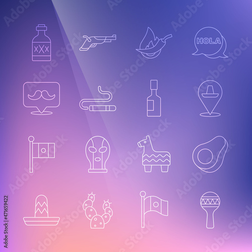 Set line Maracas, Avocado fruit, Mexican sombrero, Hot chili pepper pod, Cigar, Mustache, Tequila bottle and Tabasco sauce icon. Vector