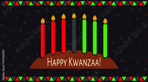 Vector illustration of Happy Kwanzaa holidays. Greeting card with kinara and confetti. Celebration of African heritage, unity, and culture photo