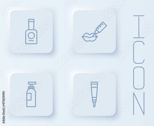Set line Bottle of nail polish, Lip augmentation, shampoo and Cream or lotion cosmetic tube. White square button. Vector